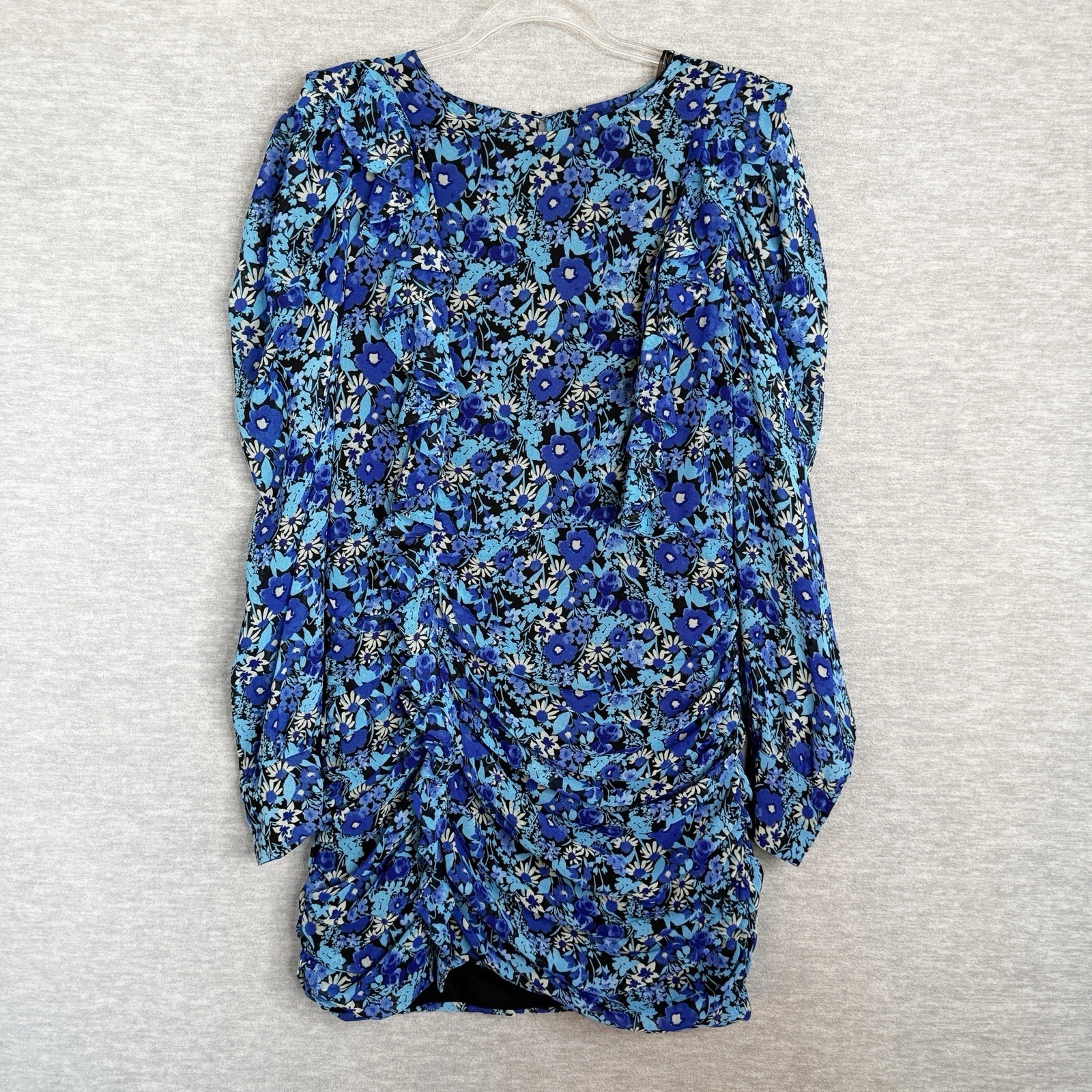 Zara Blue Floral Ruched Ruffle Mini Dress Xl Shirred Puff Long Sleeve Womens